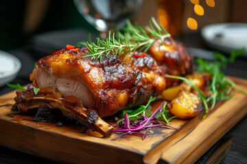 Smoked knuckle with potatoes on a cutting board - obrazy, fototapety, plakaty