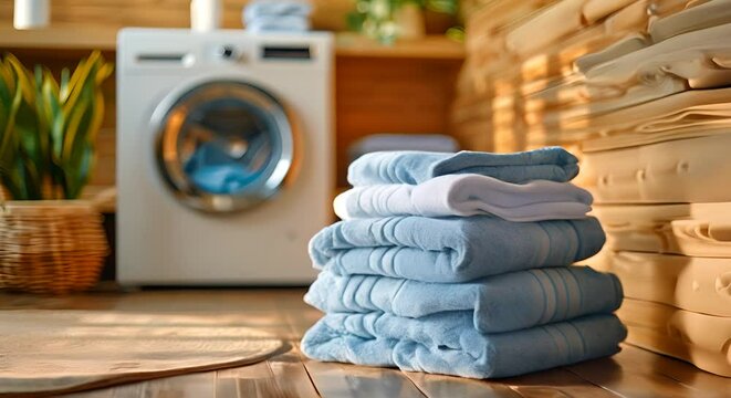 Laundry. Washed and folded clean linen, towels against the background of a washing machine.