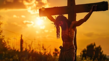 Religious Good Friday / crucifixion easter cocept, religion christian background banner greeting card - Silhouette portrait of Jesus Christ with crown of thorns, crucified hanged on a crucifix cross