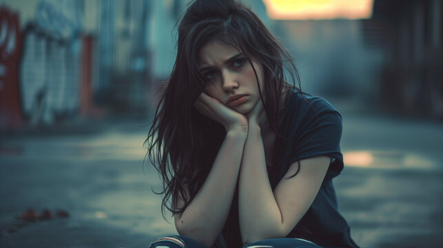 Teenager sitting on ground, looking down, appears contemplative and emotionally somber in urban setting