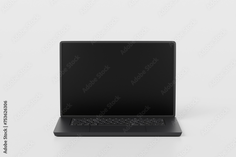 Poster 3d realistic laptop computer notebook device with blank white screen display on isolated white backg