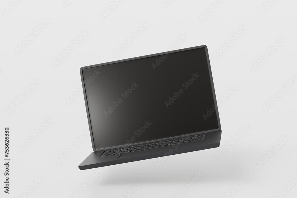 Poster 3d realistic laptop computer notebook device with blank white screen display on isolated white backg