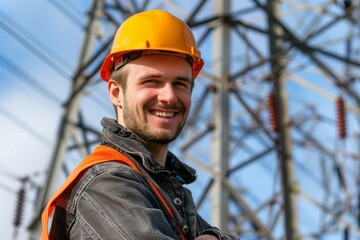 Smiling male electrical engineer in a hard hat with a high-voltage line behind him. AI generative