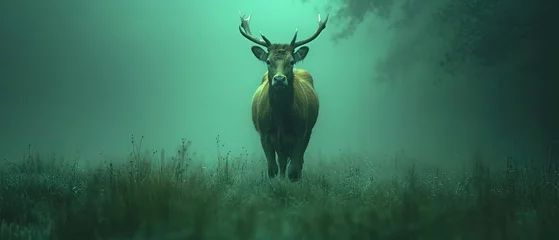 Gordijnen a deer standing in the grass with a foggy background © Masum