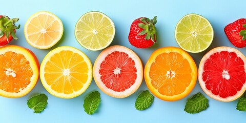 Group of citrus fruits cut in half - obrazy, fototapety, plakaty