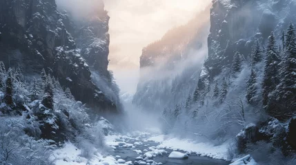 Fototapeten Majestic landscape of rugged lands valley in winter with snow. © Joyce