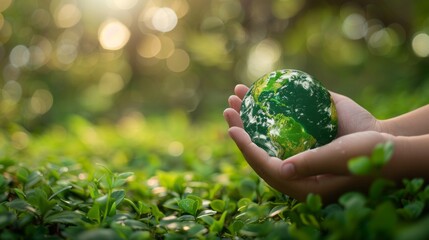 Hand holding globe of green leaf against nature, Protecting globe development environmental and business responsible environmental,plant tree on global model, concept of global love day 
