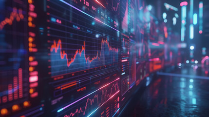 Futuristic digital stock market graph interfaces glow with a dynamic array of red and blue charts, histograms, and numbers against a dark, blurred background, symbolizing advanced financial analysis. - obrazy, fototapety, plakaty