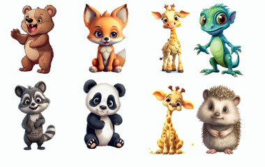 Adorable Collection of Cartoon Animals Including a Fox, Giraffe, Raccoon, and Panda - Perfect for Children’s Illustrations and Educational Content