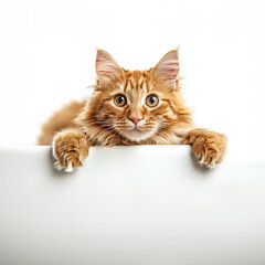 Naklejka premium Cute ginger cat laying down holding white banner, copy space for the ad or discount banner