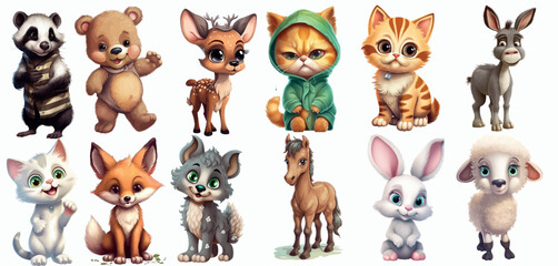 Obraz na płótnie Canvas Adorable Collection of Cartoon Baby Animals, Perfect for Children’s Book Illustrations, Educational Content, and Themed Decorations
