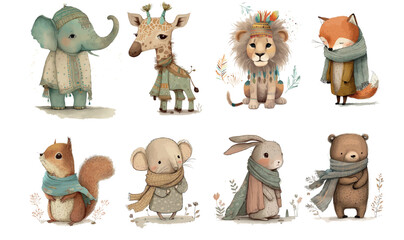 Adorable Illustrated Animals in Scarves: Elephant, Giraffe, Lion, Fox, Squirrel, Mouse, Rabbit, Bear
