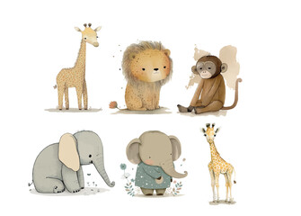 Fototapeta premium Adorable Illustrated Jungle Animals Including a Giraffe, Lion, Monkey, and Elephants in Various Poses and Expressions for Children’s Books or Decor