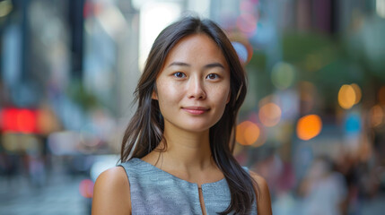 Fototapeta premium A portrait of a young woman with a faint smile, standing outdoors with a blurred city street background, conveying a sense of urban lifestyle and confidence.