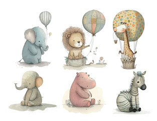 Fototapeta premium Adorable Illustrated Baby Animals with Hot Air Balloons, Featuring a Cute Elephant, Lion, Giraffe, Hippo, and Zebra in Soft Watercolors