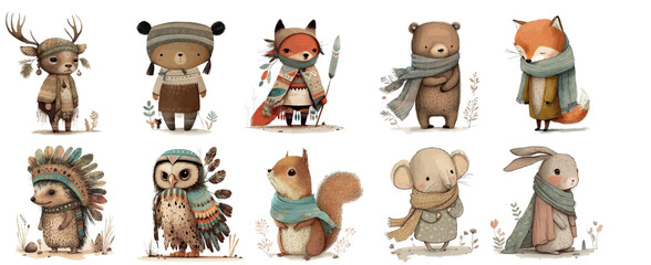 Adorable Woodland Creatures in Winter Attire: A Collection of Cute Forest Animals Dressed in Warm Clothing, Perfect for Children’s Illustrations and Storytelling