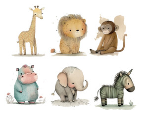 Fototapeta premium Adorable Illustrated Wild Animals Including a Giraffe, Lion, Monkey, Hippo, Elephant, and a Zebra Unicorn in Soft Watercolors