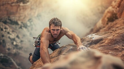 A male rock climber climbing in Grand Canyon. - obrazy, fototapety, plakaty