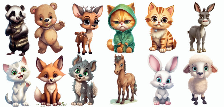 Adorable Collection of Cartoon Baby Animals, Perfect for Children’s Book Illustrations, Educational Content, and Themed Decorations