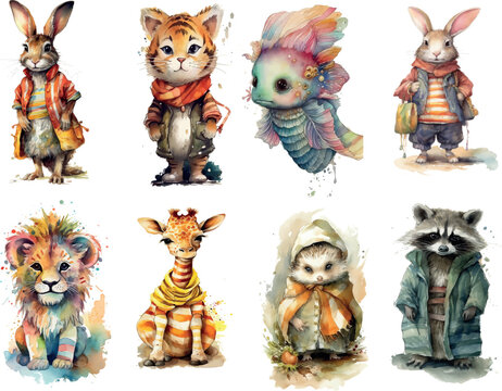Whimsical Watercolor Collection of Animals in Clothes: Rabbits, Fish, Lion, Giraffe, Raccoon; Perfect for Children’s Books and Playful Designs
