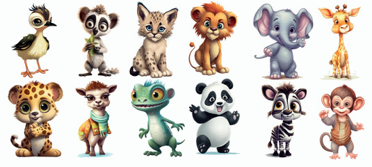 Fototapeta premium Adorable Illustrated Baby Animals Collection Featuring a Bird, Koala, Lynx, Lion, Elephant, Giraffe, Cheetah, Gecko, Panda, Zebra and Monkey