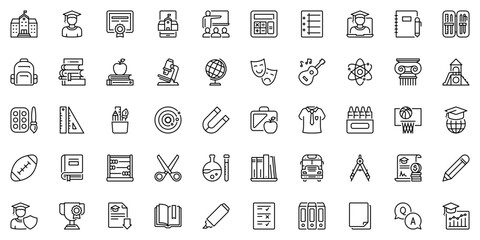 Line icons about education as school, subjects and school supplies. Editable stroke and pixel perfect.