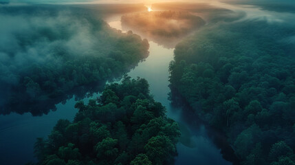 Aerial view of a misty forest with a river winding through at sunrise. The sun, partially visible through the haze, casts a warm glow over the treetops and the tranquil waters.