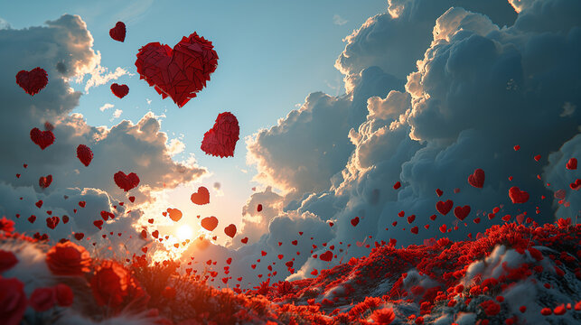 blue sky, paper cut clouds and red hearts. Place for text. Happy Valentines day sale header or voucher template.