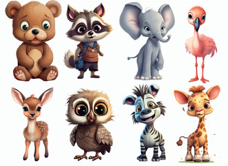 Fototapeta premium Adorable Collection of Eight Cartoon Baby Animals Including a Bear, Raccoon, Elephant, Flamingo, Deer, Owl, Zebra, and Giraffe