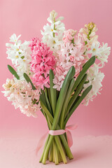 Spring blossoming pink hyacinths on light pastel background,