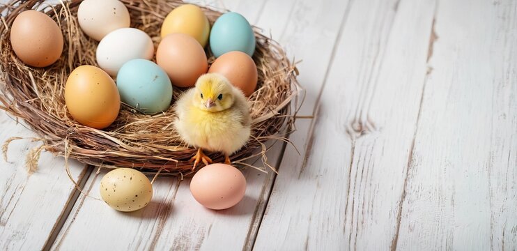 White background with decorated eggs, nest and chick. Copy space. Concept of Easter and spring season holiday. Generative Ai