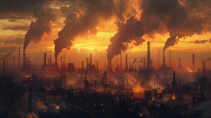 Industrial landscape at twilight with numerous smokestacks emitting smoke, against a dramatic sky with an illuminated horizon, portraying pollution and environmental impact.