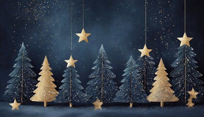 christmas postcard decorative blue holiday trees with golden stars on deep blue textured background scandinavian minimalistic style still life place for text