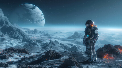An astronaut stands on a rugged alien landscape, gazing at a large planet rising in the dark sky that looms above sharp, rocky terrain and glowing lava streams.