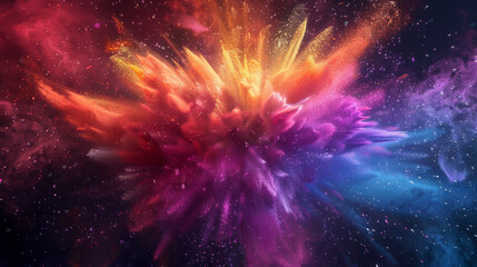 A vibrant explosion of colors resembling a cosmic event, showcasing intense hues ranging from deep purple to fiery orange against a dark, starry background. - obrazy, fototapety, plakaty