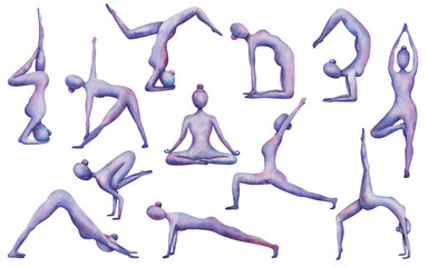Watercolor set of illustrations. Hand painted yoga practice. Yogi girls in yoga poses. Balance, stretching, headstand, lotus poses. Naked women silhouette. Isolated sport clip art for yoga studio