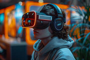 3D Virtual Reality Headset User in Virtual Game World