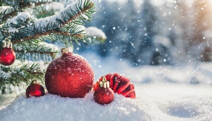 Naklejka na ściany i meble beautiful festive christmas snowy background christmas tree decorated with red balls and knitted toys in forest in snowdrifts in snowfall outdoors banner format copy space