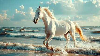noble white horse with a long mane is galloping on the beach