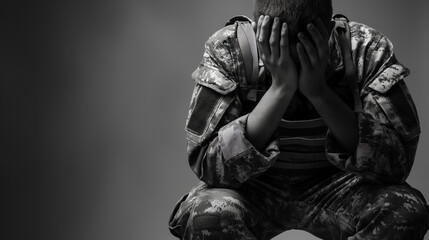 PTSD concept military man sits on a black background soldier suffers - obrazy, fototapety, plakaty