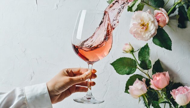 female hand in white blouse swirling glass of rose wine making splash over white wall background wine shop wine tasting bar wine list spring mood concept
