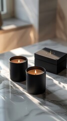 a set of black modern luxury branded candles are sitting in a luxury setting