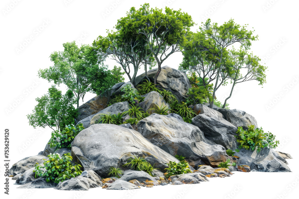 Poster trees in a forest on an island. rocks on the island. a white background isolates the trees and mount