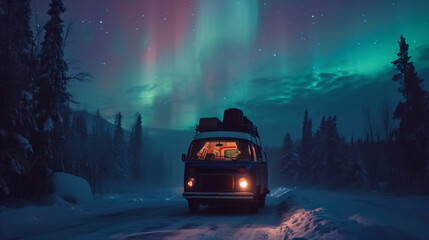Vintage camper van in wild snow road with beautiful aurora northern lights in night sky with snow...
