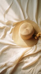 woven straw hat resting on a white linen cloth