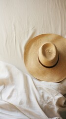 Fototapeta na wymiar woven straw hat resting on a white linen cloth