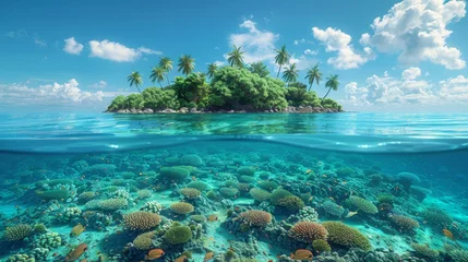 Fototapete Rund A split view of a tropical island and coral reef with water lines © Zaleman