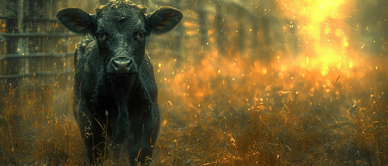 a black cow standing in a field of tall grass