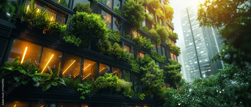Poster an eco-friendly building with a vertical garden in the heart of a modern city. a green tree forest o