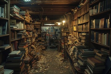 An old library with shelves overflowing with books, a mysterious atmosphere